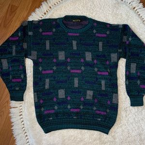 Vintage 90s Men’s Teal and Purple Geometric Sweater Sz Med